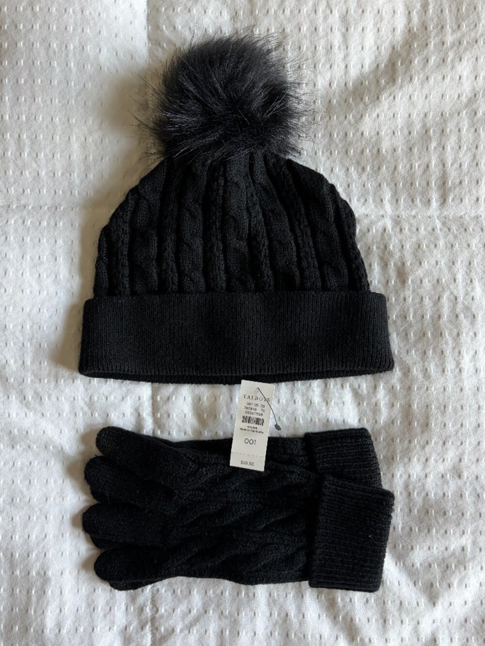 Talbots Black Cable Knit Pom Pom Hat & Glove Set NWT